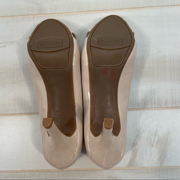 Nickels Nude Jay Criss Cross Peep Toe Vegan Heels Sz 7.5 Patent - Picture 9 of 9